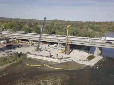 Multi-phased bridge construction over the Grand River in Ontario by Bauer Foundations Canada